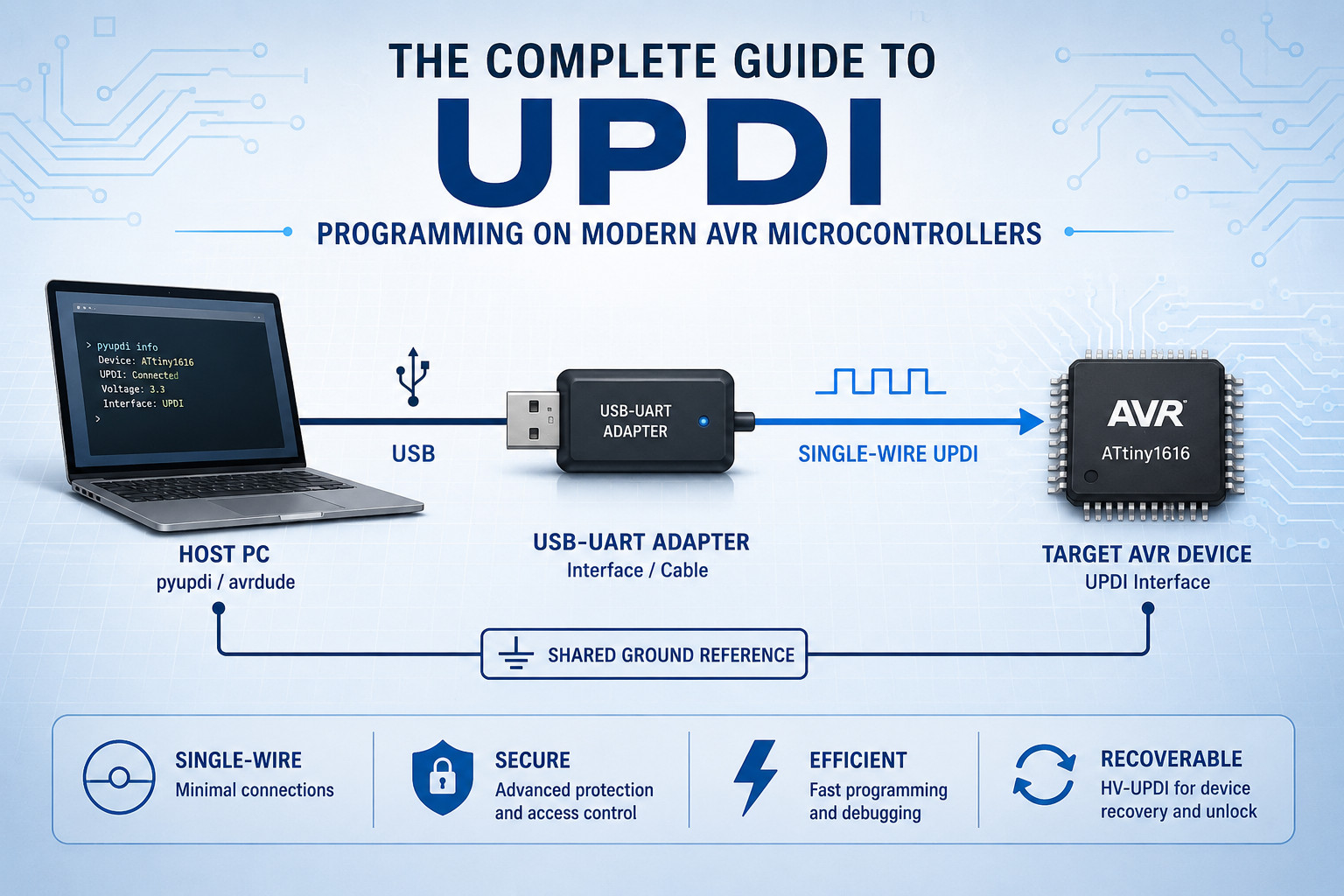 Unified Program and Debug Interface architecture showing host PC, USB-UART adapter and AVR microcontroller connected through a single-wire UPDI interface
