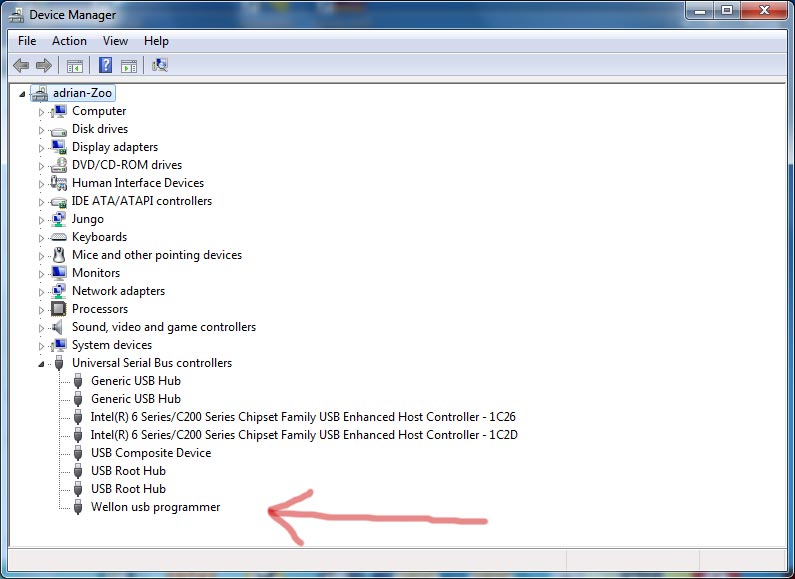 Wellon USB programmer in Device Manager