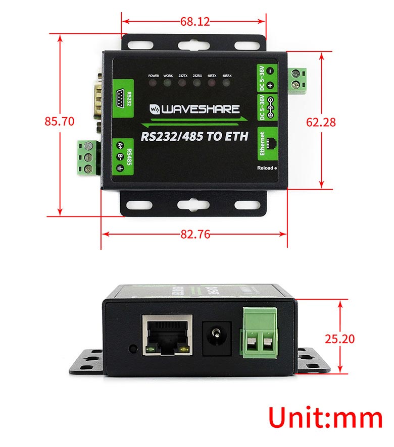 RS232/485 TO Ethernet dimensions